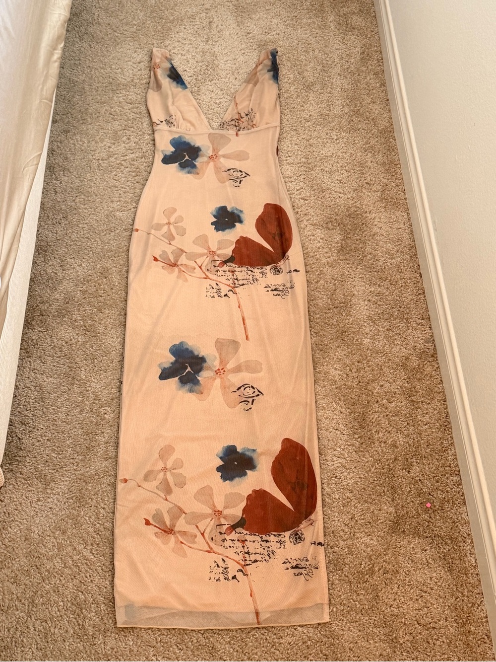 Floral V-Neck Maxi Dress in Beige with Blue & Rust Accents
